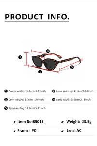 Detailed size chart for square cat-eye sunglasses including frame and lens measurements
