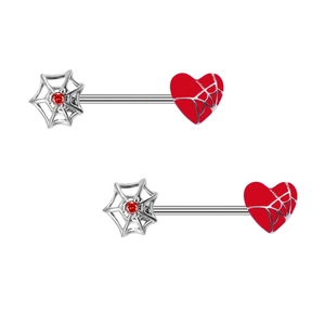 Detail of silver nipple rings featuring red spider web and heart shaped piercing jewelry