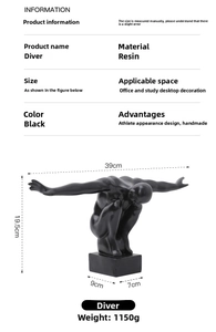 Dimensions détaillées de la sculpture de plongeur en résine noire mate avec largeur de 39 cm