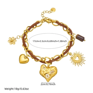 Vintage gold plated stainless steel heart and flower charm bracelet with brown woven rope