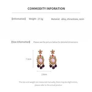 Size specifications of vintage gold earrings with colorful rhinestones and floral tassels