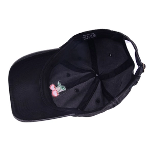 Washed vintage charcoal baseball cap with cherry embroidery and 100% cotton label