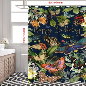 Detail of 180x180cm shower curtain featuring floral butterfly patterns and Happy Birthday text