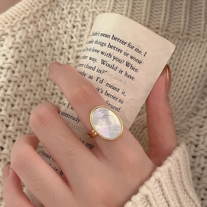 925 Sterling Silver Ring With Mother Of Artificial Pearl Oval Shell 18K Gold Plated Minimalist Adjustable Open Ring For Women