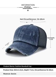 Detaillierte Größenangaben für eine dunkelblaue Vintage-Washed-Denim-Pferdeschwanz-Kappe