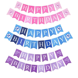 Three sets of birthday banners in pink blue and purple with dog paw prints for pet parties