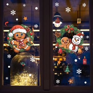 Christmas Window Stickers PVC Static Film Gingerbread Man Snowman Snowflake Holiday Glass Decals Reusable Home Decor