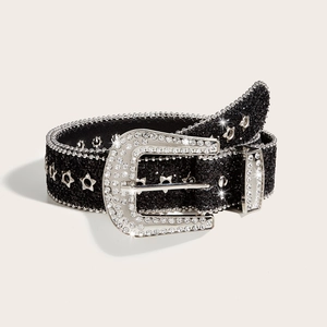 Women Rhinestone Belt Western Style Glitter PU Leather Waistband With Star Eyelets Alloy Pin Buckle For Jeans
