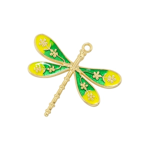 Detail of dragonfly charm with gold plating and colorful enamel floral patterns