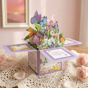 3D butterfly bouquet pop-up birthday card with exquisite pink flower gift box design