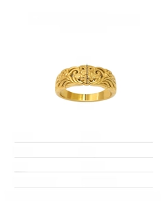Detail of gold floral engraved stainless steel ring showing dimensions and specifications