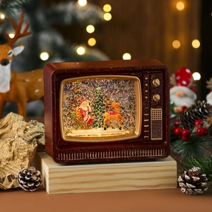 Detailed retro TV Christmas snow globe with Santa Claus and reindeer inside wood base