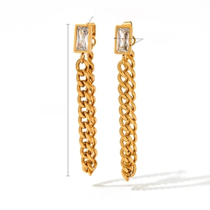 Detail showing 50mm gold tassel earrings with cubic zircon and curb chain dimensions