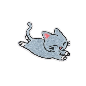 Embroidered grey-blue cartoon cat patch for bag decoration with fine texture details