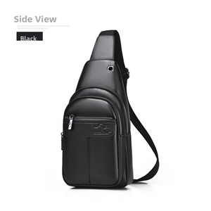 Detail view of black lychee leather chest bag with zipper pockets and earphone hole