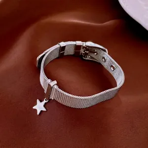 Minimalist silver mesh bracelet with star pendant and adjustable buckle on brown silk