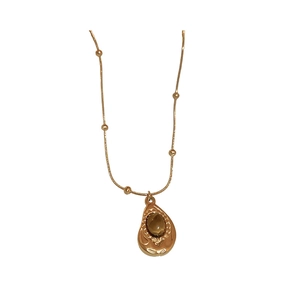 French vintage gold necklace featuring a brown teardrop tiger eye stone pendant