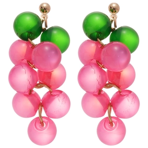 Pink and green resin grape cluster drop earrings with silver needle and golden finish