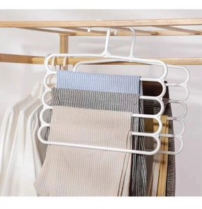 Space-saving five-layer multifunctional trouser rack with pants hanging in closet