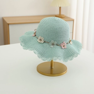 Détail de chapeau de paille bleu clair avec broderie florale 3D et bordure en dentelle