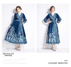 Detail view showing navy paisley V-neck dress with long sleeves and belted waist design