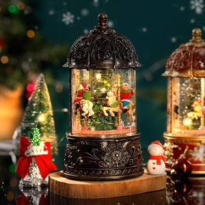Retro Christmas carousel snow globe music box with Santa Claus and festive tree scenes