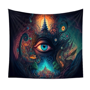 Macro shot of psychedelic mushroom tapestry with blue eye and fantasy castle detail
