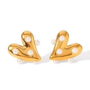 Boucles d'oreilles cœur en acier inoxydable doré 18K avec perles blanches élégantes