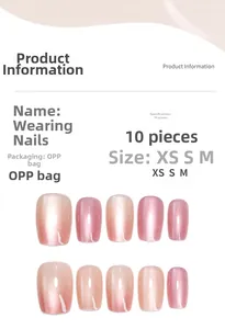 Detailed size chart for pink cat-eye gradient press-on nails in XS S M sizes