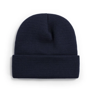Classic navy blue ribbed knit beanie with a stylish wide fold-over cuff design