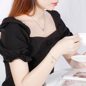 Minimalist silver stainless steel heart pendant necklace and bracelet jewelry set for women