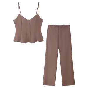 Women's 2-piece summer set with V-neck camisole top and high-waist wide-leg pants in taupe