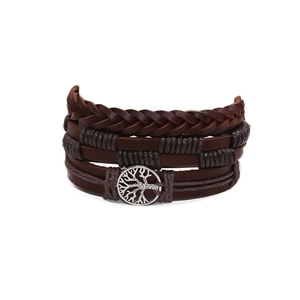 Detail of multi-layer brown leather bracelet set with silver Tree of Life pendant