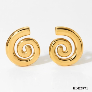 Fashionable spiral texture stainless steel hoop earrings in polished gold plating