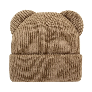 Detailed view of brown ribbed knit baby hat featuring cute round 3D bear ears on top