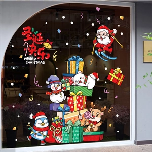 Detailed Christmas window decals showing Santa, reindeer, and snowman in a store setting