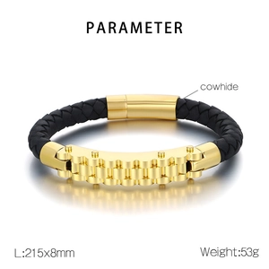 Macro view of woven black cowhide leather and golden metal clasp on men's bracelet