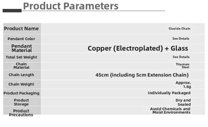 Detailed specs of the titanium steel cloud necklace featuring 45cm length and 1.6g weight
