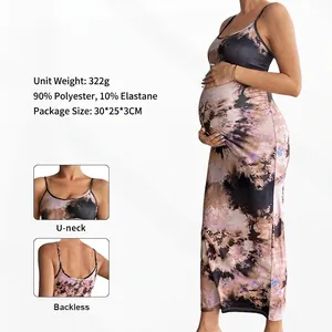 Maternity Maxi Dress Tie Dye Print U-Neck Sleeveless Backless Slim Fit Polyester Elastane Bodycon