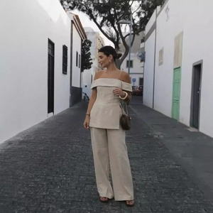 Women Off Shoulder Bardot Top And High Waist Wide Leg Pants Elegant Summer Vacation Woven Linen Like Texture Apricot