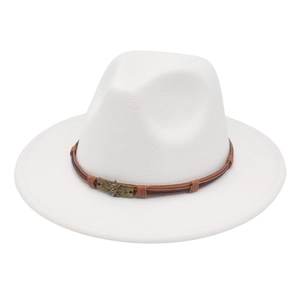 Detailed close-up of white felt fedora featuring a retro skull buckle and brown leather band