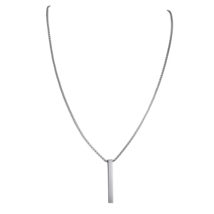 Polished silver stainless steel rectangular bar pendant necklace with a fine box chain