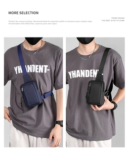 Detail view of water-resistant men's mini sling bags in navy blue and black colors