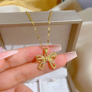 Elegant gold titanium steel butterfly necklace with zircon pavé pendant for women