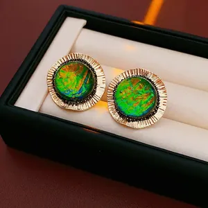 Vintage Round Stud Earrings With Iridescent Resin And Silver Earring Post Alloy Textured Retro Jewelry For Women