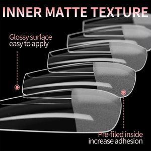 Detail of clear coffin nail tips with inner matte texture and high glossy surface