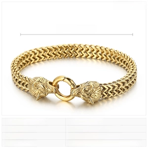 Detailed specs of double wolf head gold stainless steel bracelet for men 200x8mm