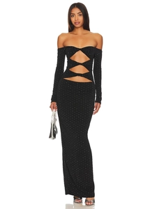Off-Shoulder Rhinestone Cut-Out Midi Dress Long Sleeve Slim Fit Polyester Elegant Party Evening Sexy French Style Women
