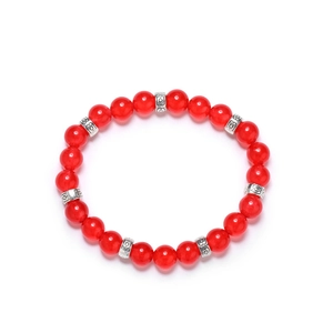 Natural red beaded bracelet with silver hollow spacer beads on a white background