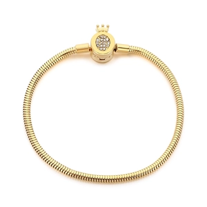 Gold stainless steel snake chain bracelet with crown clasp encrusted with cubic zirconia